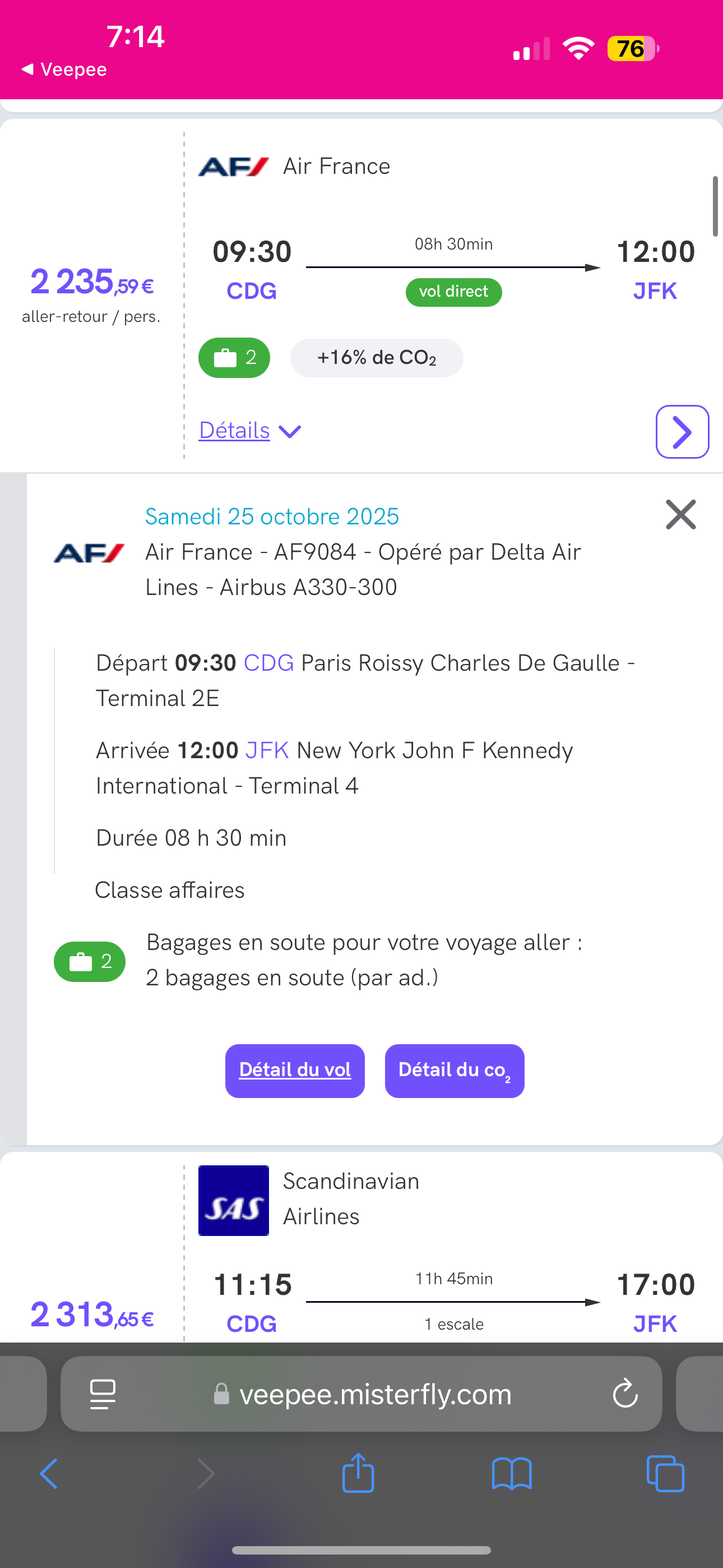  Moins de 2500 €, l’aller-retour pour Paris, New York, en business avec Air france, C’est génial!!!

